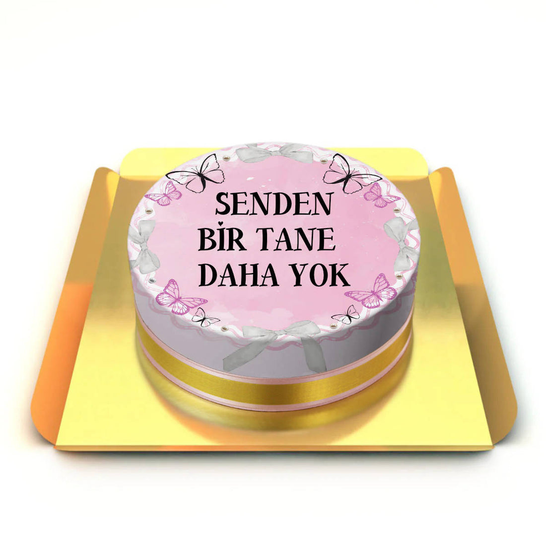 Kelebekli Kurdeleli Yazılı Pasta