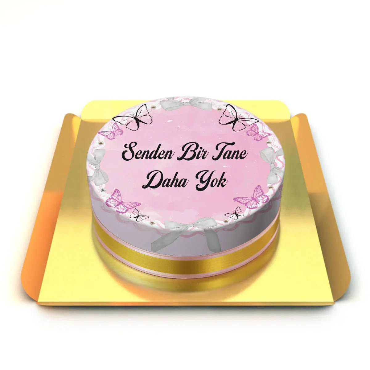 Kelebekli Kurdeleli Yazılı Pasta