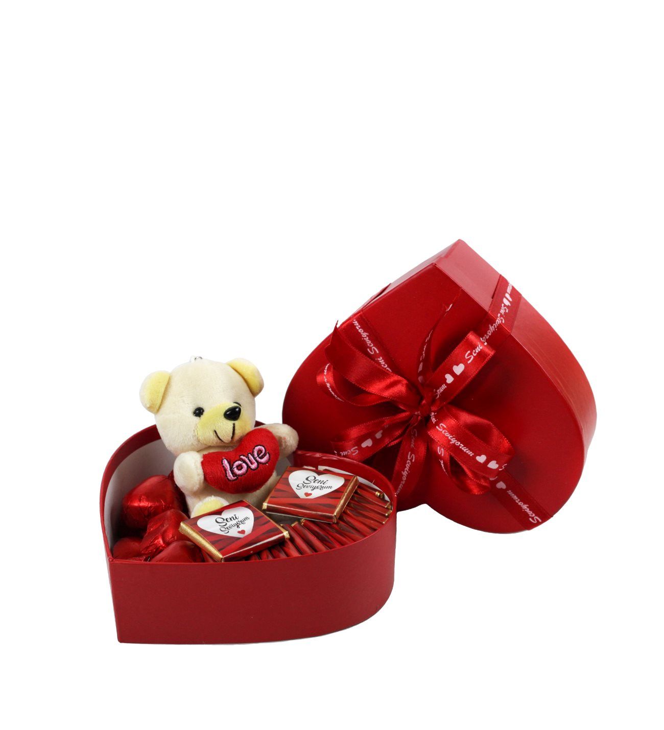 Sevimli Ayıcıklı Kırmızı Kalpli Kutu Çikolata