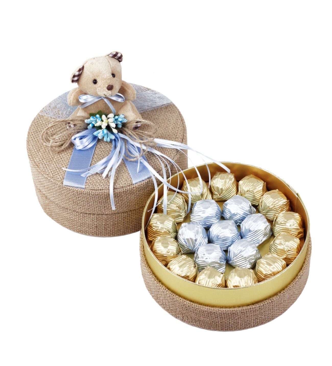 Mavi Süslü Ayıcıklı Hasırlı Yuvarlak Kutu Special Çikolata